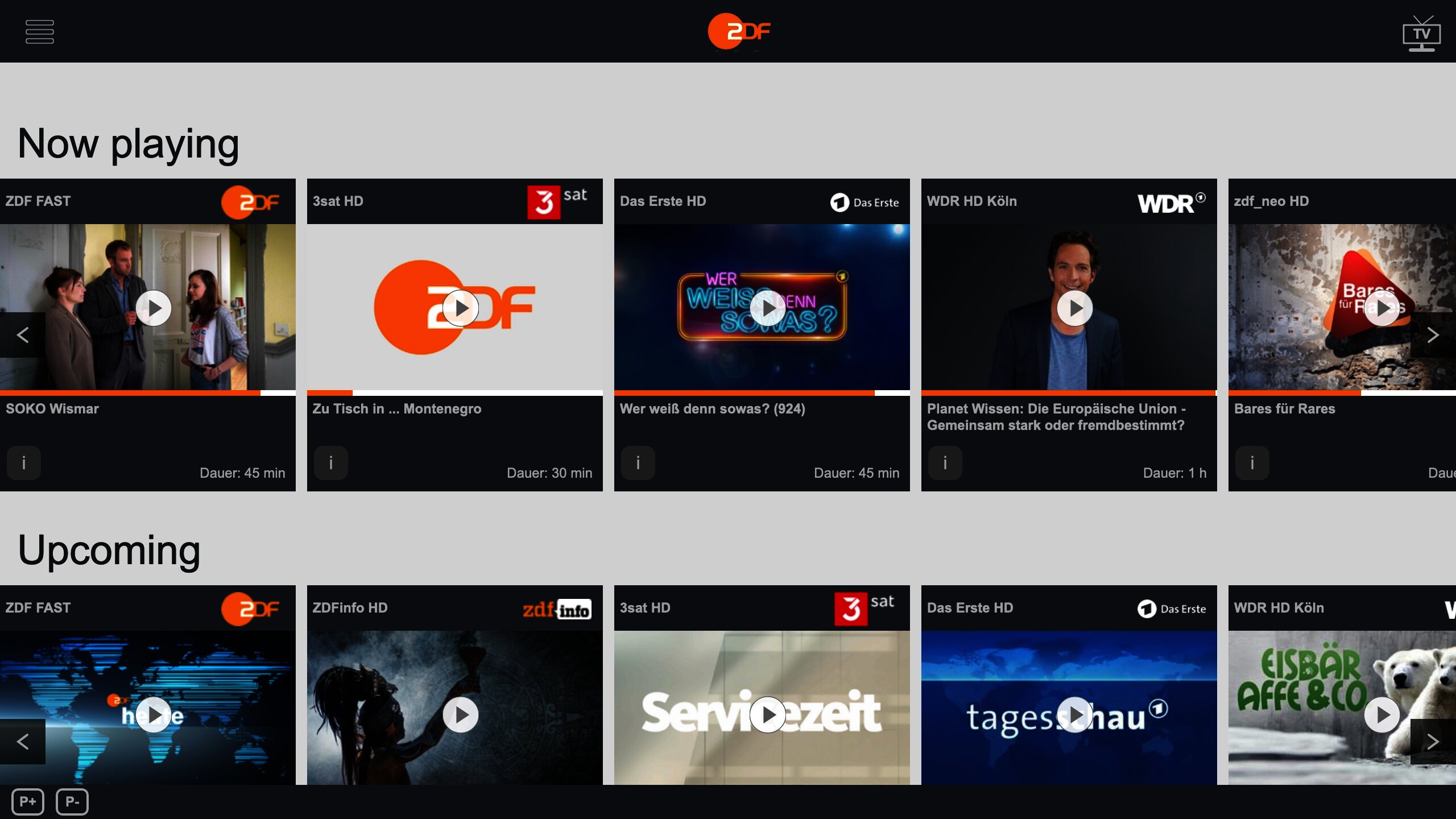 Startbildschirm des DVB-I HTML5 Players