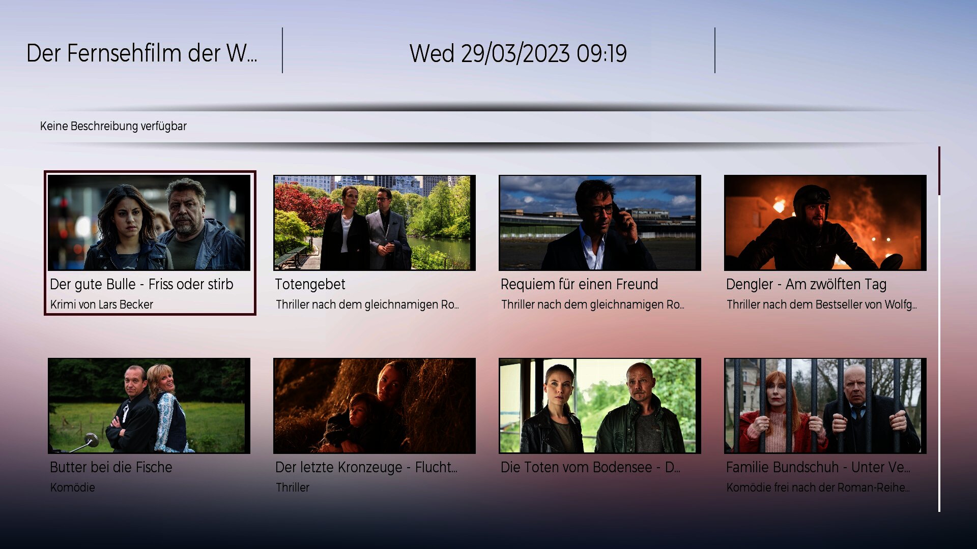 Zu sehen sind die OnDemand Angebote in der mittleren Hierarchiestufe auf einem Fernsehgerät: Boxset Lists