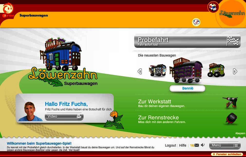 Startbildschirm des Spiels Superbauwagen