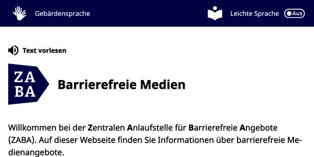Screenshot der ZABA Website